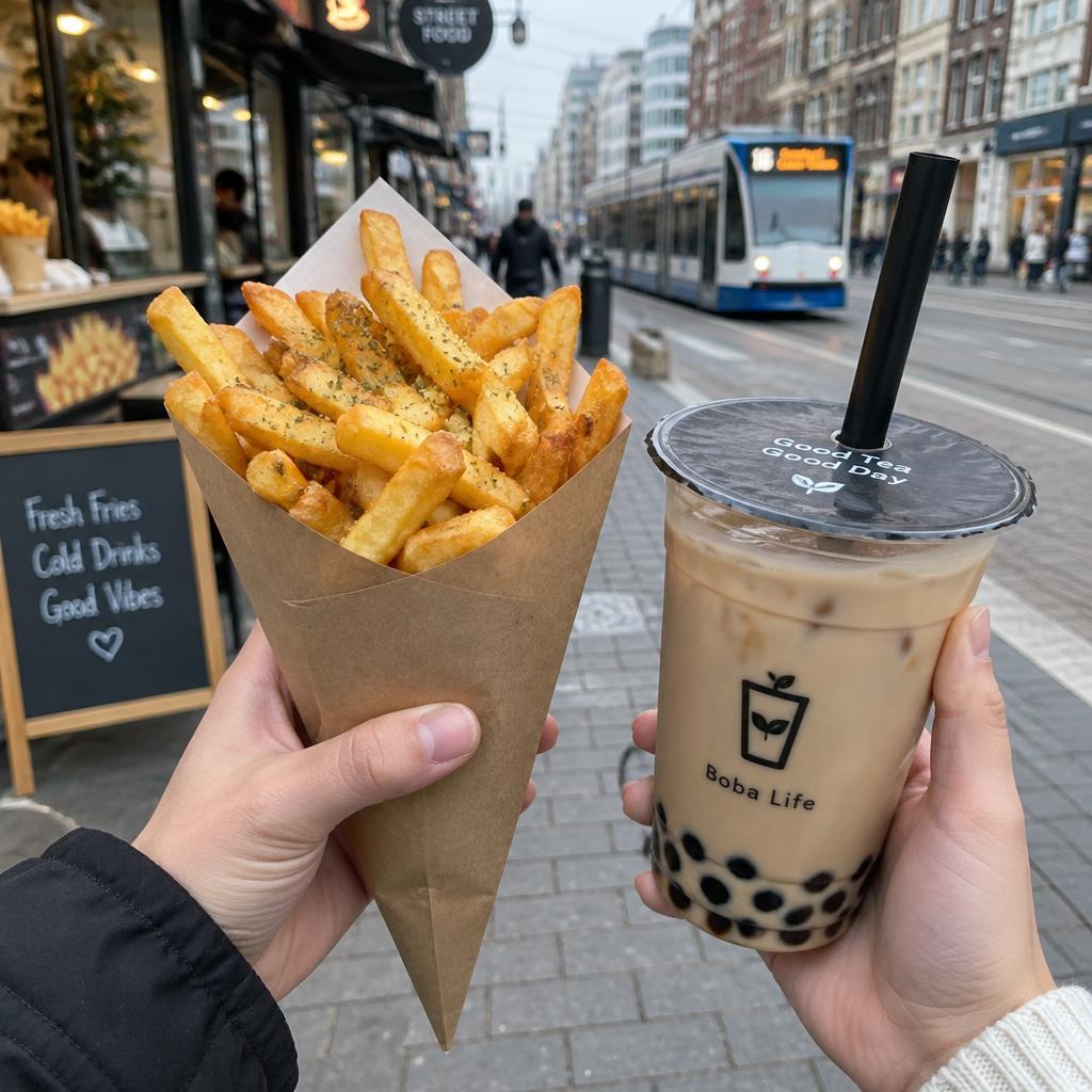 A cone of fries in one hand and a boba tea in the other