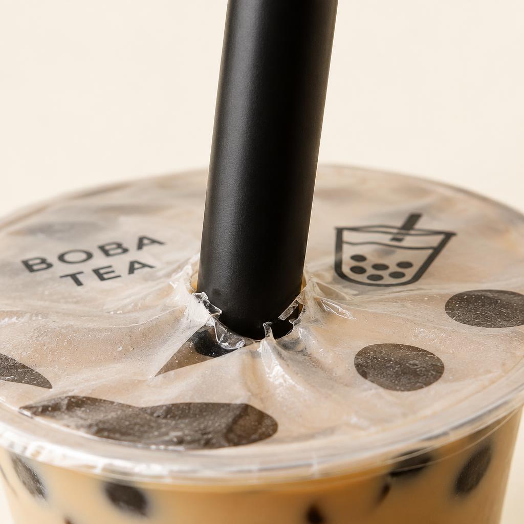 A thick straw punched through a sealed boba lid
