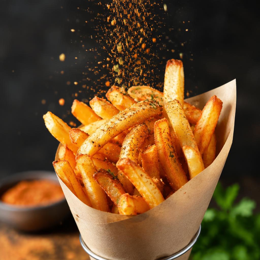 Fries in a paper cone being dusted with seasoning