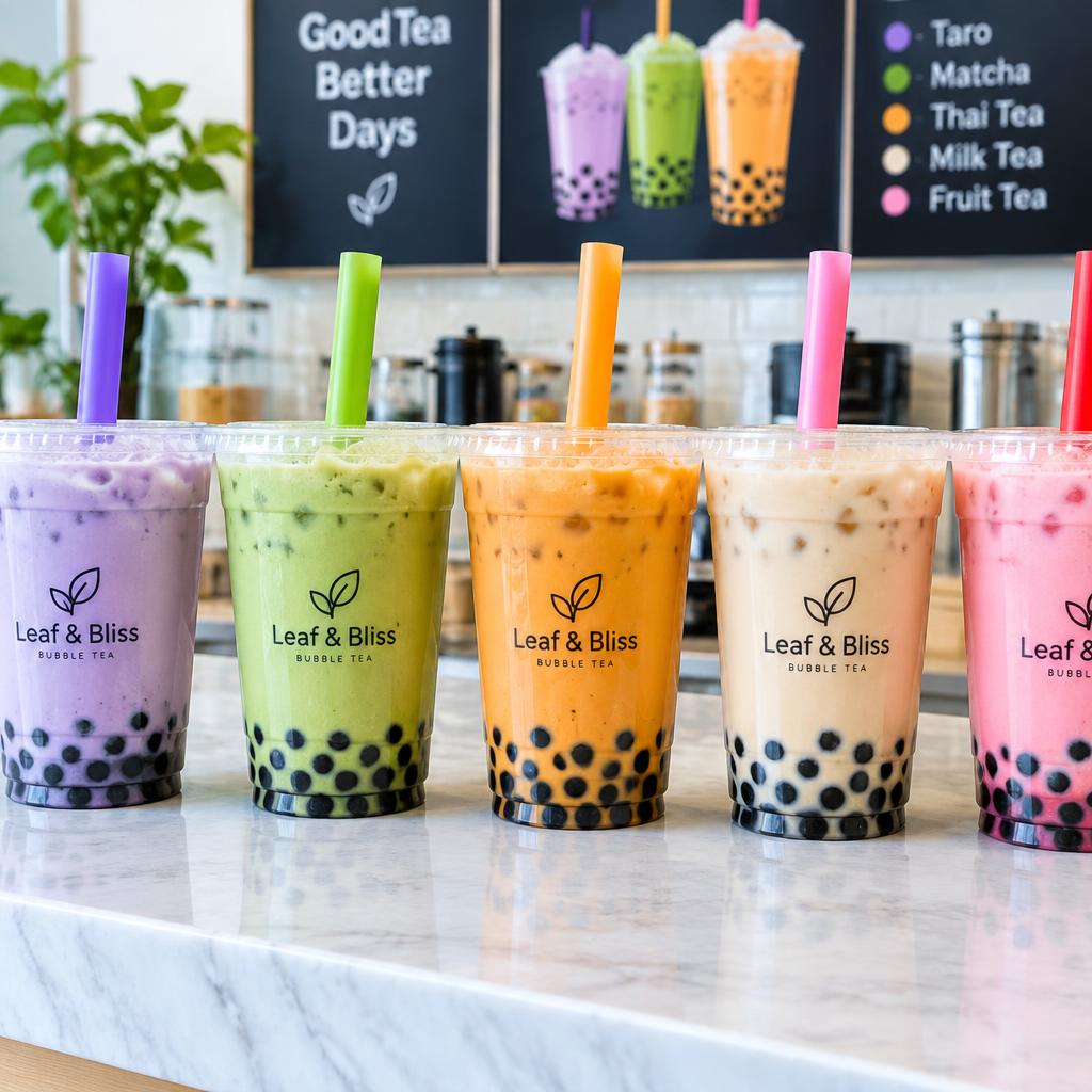 A row of colorful bubble teas on the counter